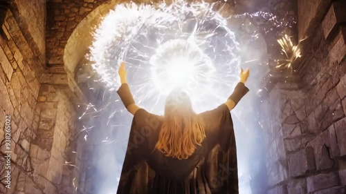 Woman wearing a black dress is summoning a magical energy portal with her arms raised