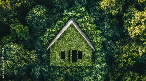 Green leaves form the shape of a house, creating a visual metaphor for eco-friendly living and sustainability.