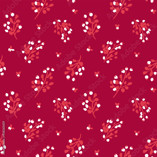 All over vector seamless repeat pattern with ditsy tossed white and red flowers on cranberry background. Christmas ditsy floral backdrop in cheerful reds.