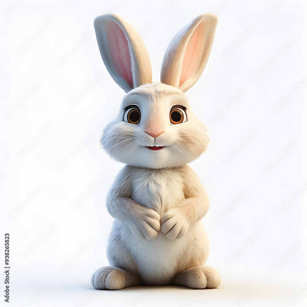 Fototapeta premium A cute cartoon bunny rabbit with big brown eyes and a soft white coat sits against a white background 