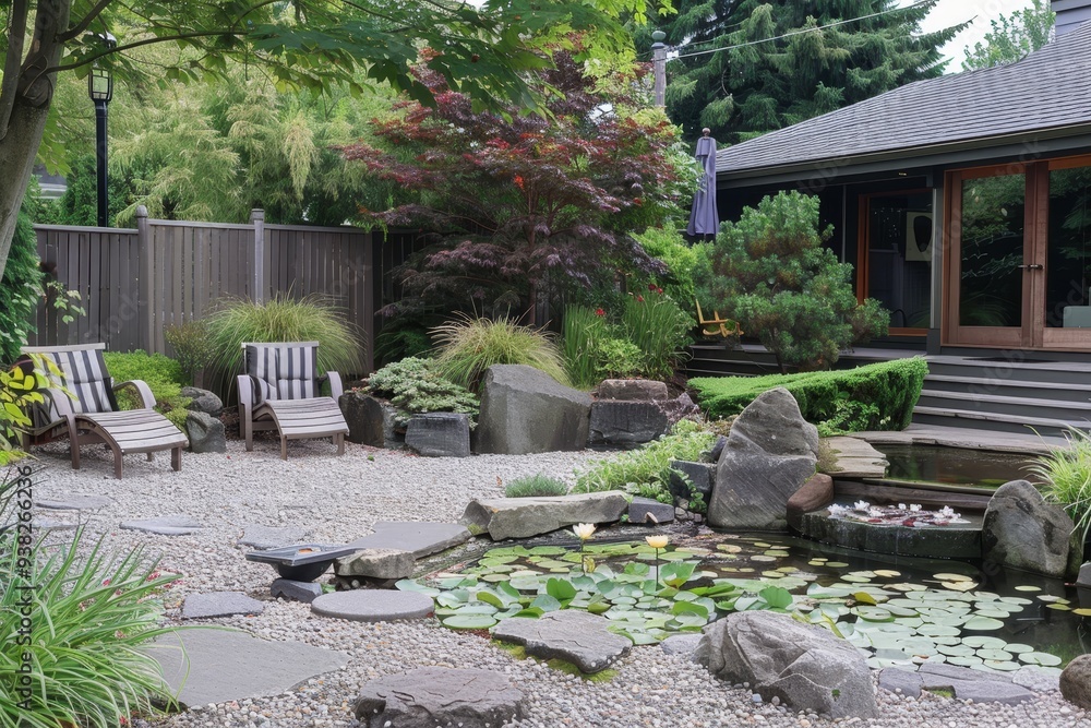 garden with pond and patio, serene garden provided tranquil retreat from the world garden with pond and patio, serene garden provided tranquil retreat from the world