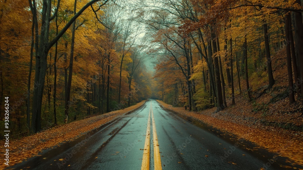 Obraz premium Empty road through an autumn forest with yellow leaves on the ground and a wet, asphalt road.