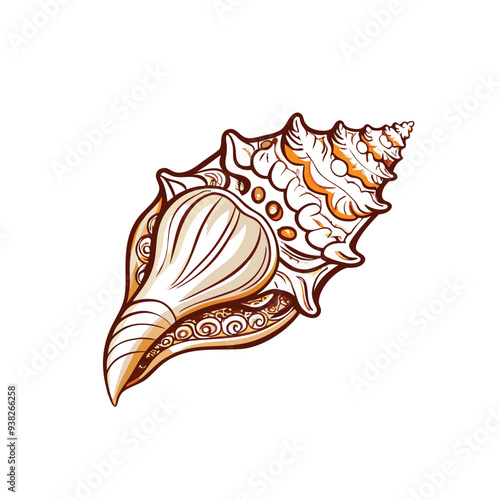 A close-up view of a white conch shell with intricate details, brown and yellow color scheme, on a white background.