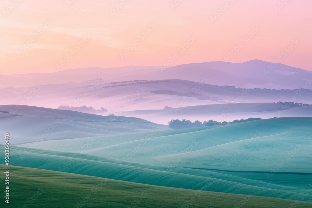 green field with trees and hills in the background, serene landscape with rolling hills in soft pastel colors green field with trees and hills in the background, serene landscape with rolling hills in soft pastel colors