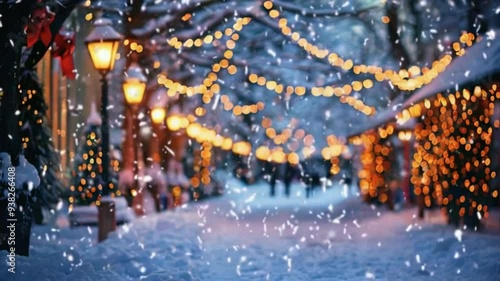 Small Town Street Decorated for Christmas with Lanterns and Garlands, Festive and Enchanting Holiday Scene