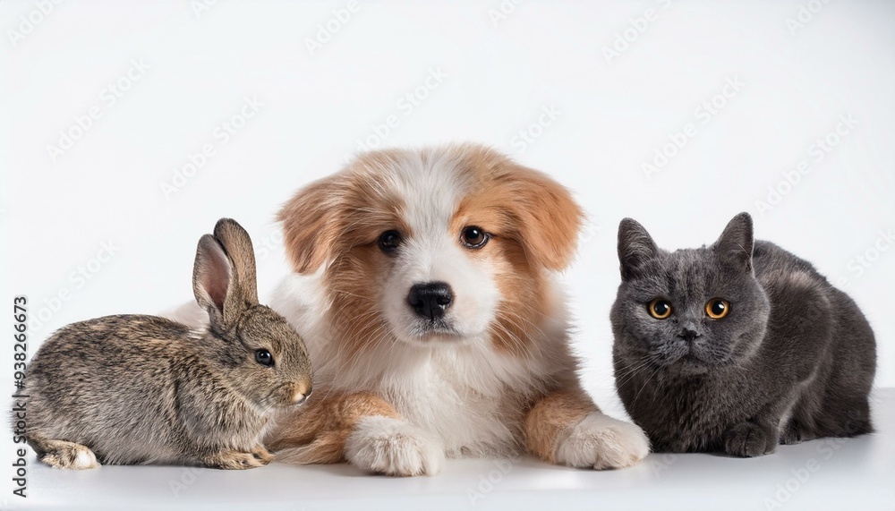 Fototapeta premium 犬と猫とウサギのポートレート（Group of dog and cat and rabbit portrait white background） 