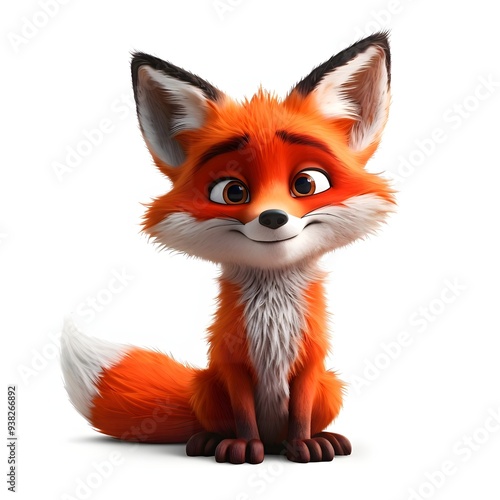 A cute, cartoon fox with big brown eyes and a fluffy tail sits against a white background, looking up with a playful smile.