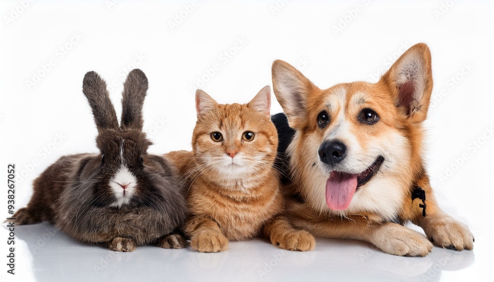 Obraz premium 犬と猫とウサギのポートレート(Group of dog and cat and rabbit portrait white background)