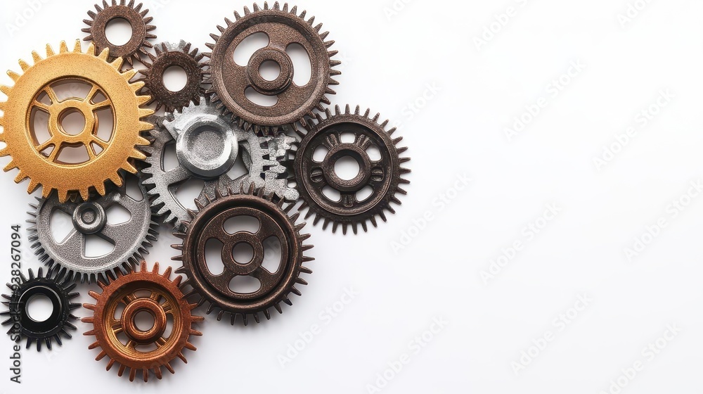 A cluster of metallic gears, perfect for steampunk or mechanical themes, metallic gears, clipart, white background A cluster of metallic gears, perfect for steampunk or mechanical themes, metallic gears, clipart, white background