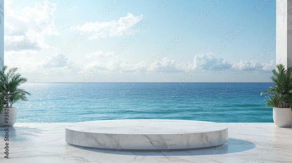Marble podium with clean lines, complemented by a stunning sea view, ideal for luxury visuals. Marble podium with clean lines, complemented by a stunning sea view, ideal for luxury visuals.