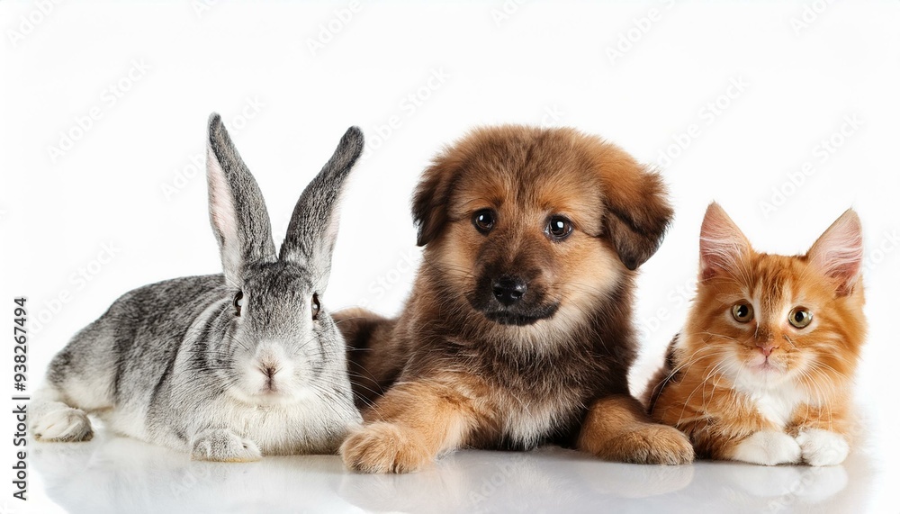 Fototapeta premium 犬と猫とウサギのポートレート（Group of dog and cat and rabbit portrait white background） 