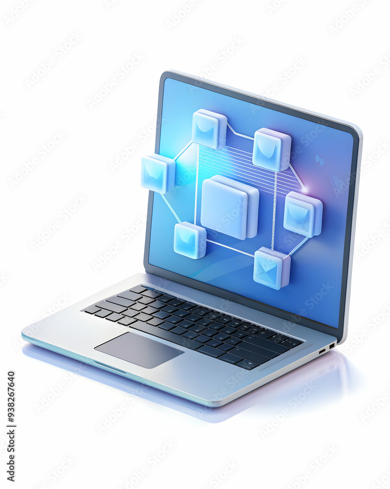 Modern laptop with holographic document sharing icons isolated on white background. Ideal for virtual meetings with advanced tools. Photo Stock concept. Modern laptop with holographic document sharing icons isolated on white background. Ideal for virtual meetings with advanced tools. Photo Stock concept.
