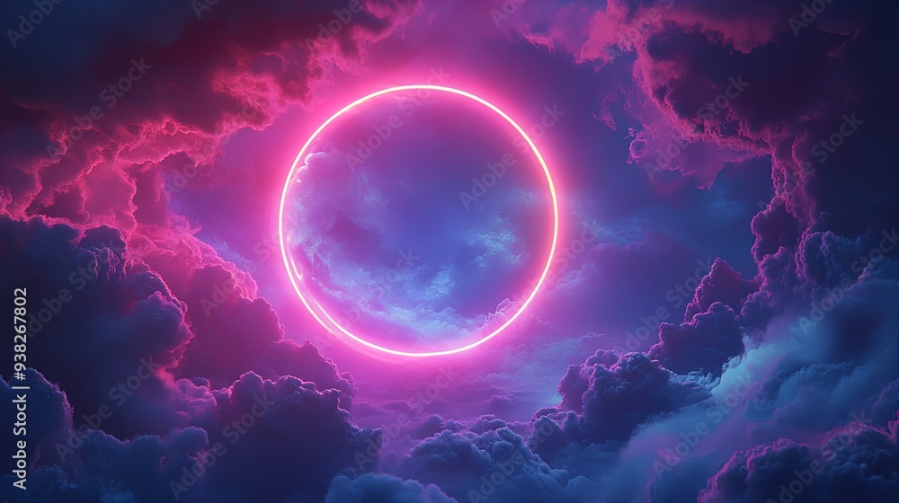 Enchanting Neon Circle Among Fluffy Clouds: A Stunning Pink and Blue Visual for Stylish Sports Interior Posters Enchanting Neon Circle Among Fluffy Clouds: A Stunning Pink and Blue Visual for Stylish Sports Interior Posters