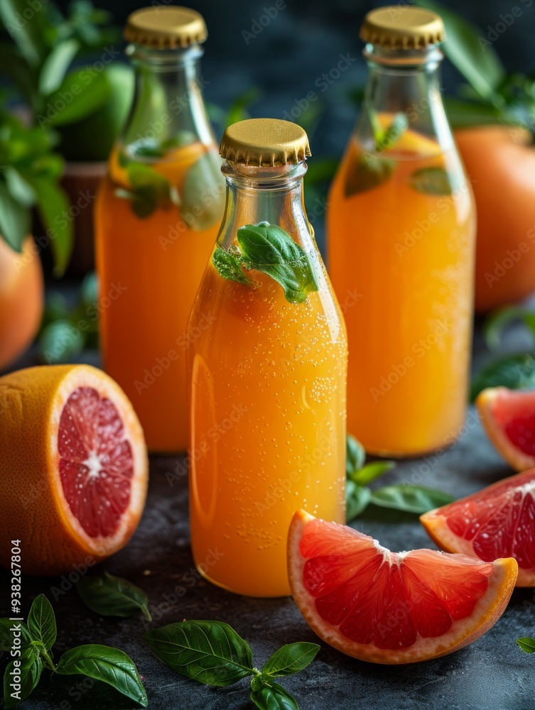 Colorful bottles of fruit juices surrounded by fresh produce on pastel background Colorful bottles of fruit juices surrounded by fresh produce on pastel background