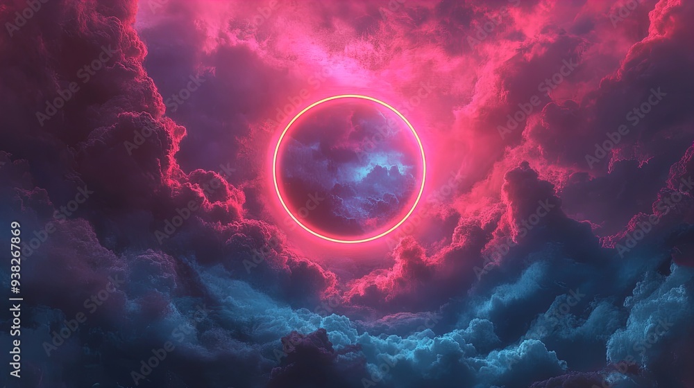 Fototapeta premium Enchanting Neon Circle Among Fluffy Clouds: A Stunning Pink and Blue Visual for Stylish Sports Interior Posters