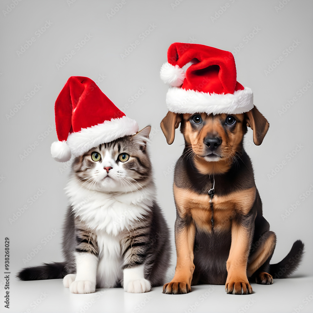 Snuggling together on a white background are a Christmas cat and dog wearing festive hats. Snuggling together on a white background are a Christmas cat and dog wearing festive hats.