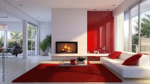 Modern living room in white and red tones, with a contemporary fireplace creating warmth.