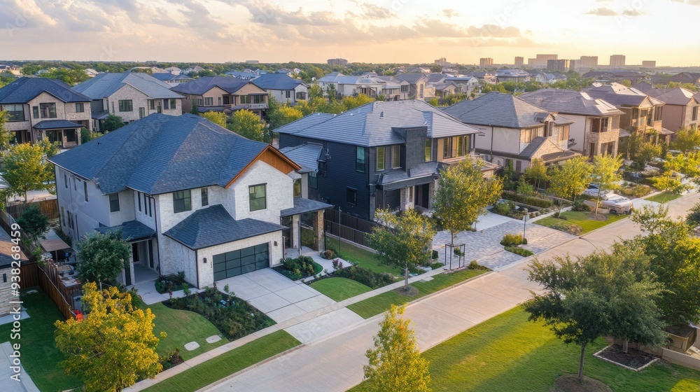 Overhead view of stylish homes in a modern neighborhood, perfect for real estate presentations. Overhead view of stylish homes in a modern neighborhood, perfect for real estate presentations.