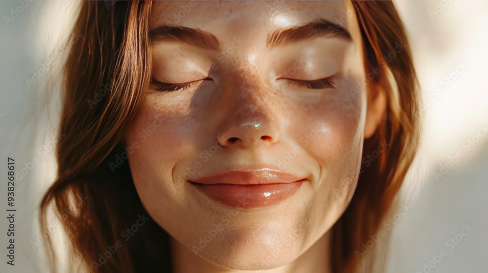 Peaceful woman with closed eyes and radiant skin, smiling softly, perfect for beauty and wellness visuals. Peaceful woman with closed eyes and radiant skin, smiling softly, perfect for beauty and wellness visuals.
