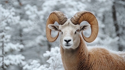 Majestic Ram with Spiraled Horns: A Striking Poster for Sports Decor, Capturing the Power of Nature Against Frosty Trees and Snowy Landscape