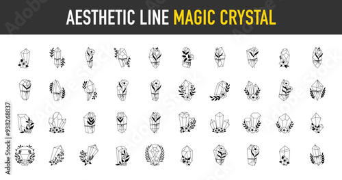 Aesthetic magic crystals collection. Celestial crystals, flowers and magic elements isolated set. Hand drawn vector illustration in boho style.