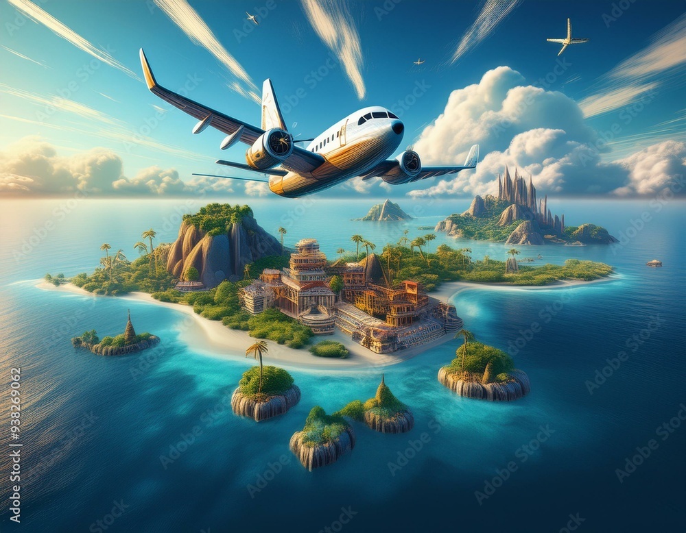 Naklejka premium Whimsical Airplane Flight over Exotic Islands with Unique Landmarks and Attractions