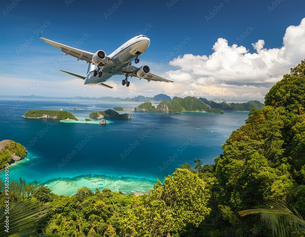 Fototapeta premium Whimsical Airplane Soaring Over Exotic Islands An Adventure Awaits