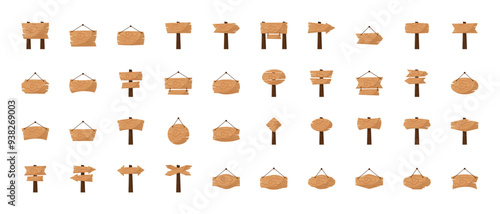 Cartoon wooden sign board art vector illustration. Textured templates of billboards, rustic announcement signs. Cartoon game arrow, board and panel. Wood circles, rectangles planks hanging by ropes.