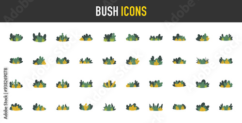 Cartoon bush collection. Set of green shrubs and trees for garden, forest, hedge and field, floristic decorative elements bushes vector illustration design elements. 