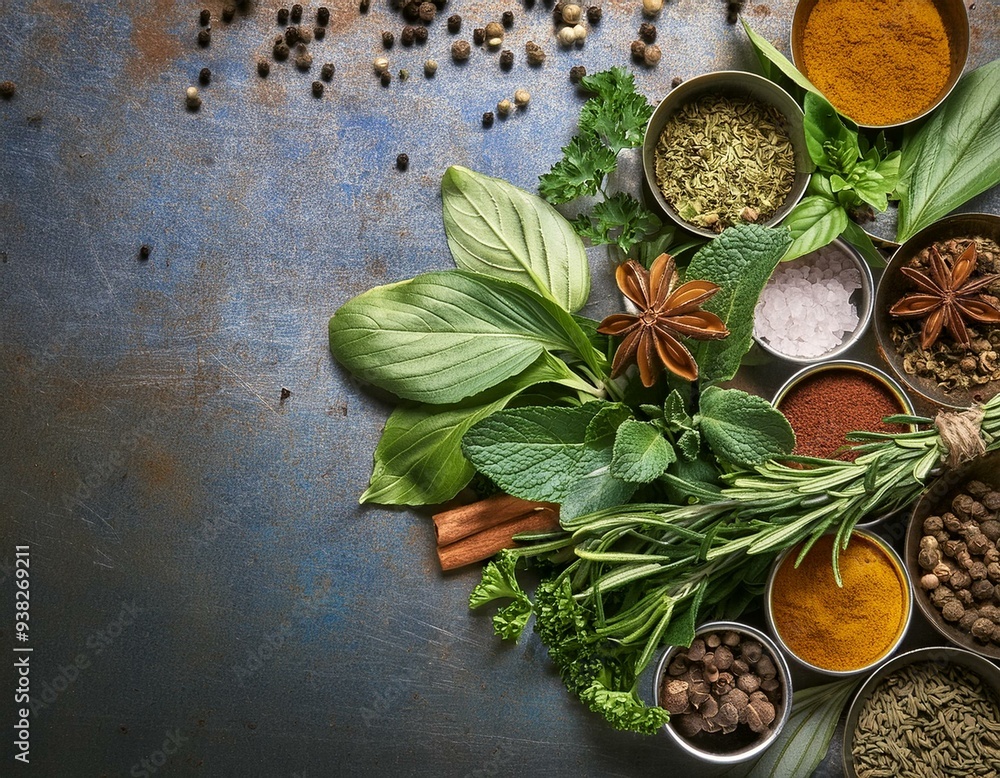 Whimsical Arrangement of Herbs and Spices on Metal Background Whimsical Arrangement of Herbs and Spices on Metal Background
