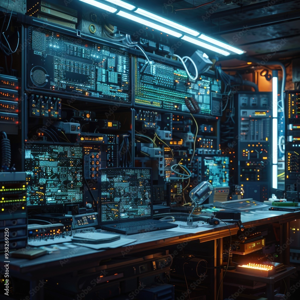 A room filled with various electronic devices and equipment, ideal for use in tech-related contexts A room filled with various electronic devices and equipment, ideal for use in tech-related contexts