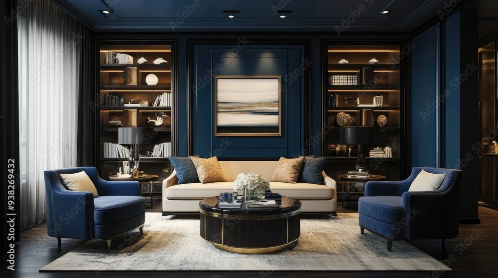 Sleek dark blue living room with chic dcor, offering a refined and comfortable atmosphere. Sleek dark blue living room with chic dcor, offering a refined and comfortable atmosphere.