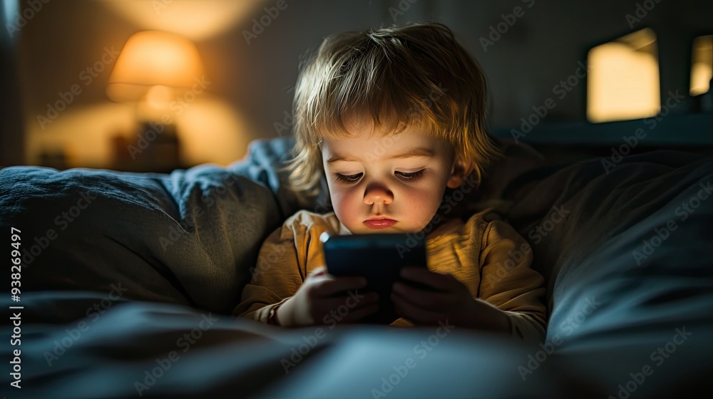 Sleepy child using a phone in bed, a reflection of modern technology's impact on kids. Sleepy child using a phone in bed, a reflection of modern technology's impact on kids.