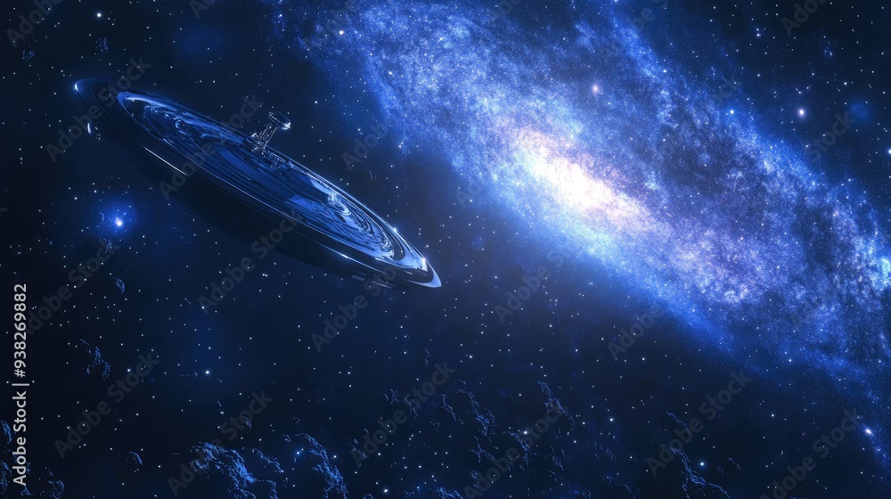 Spacecraft traveling through deep space towards distant galaxies, representing human exploration. Spacecraft traveling through deep space towards distant galaxies, representing human exploration.