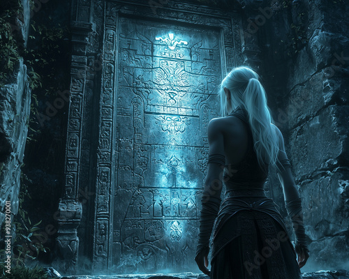 human warrior standing before a glowing ancient stone door surrounded by lush vegetation