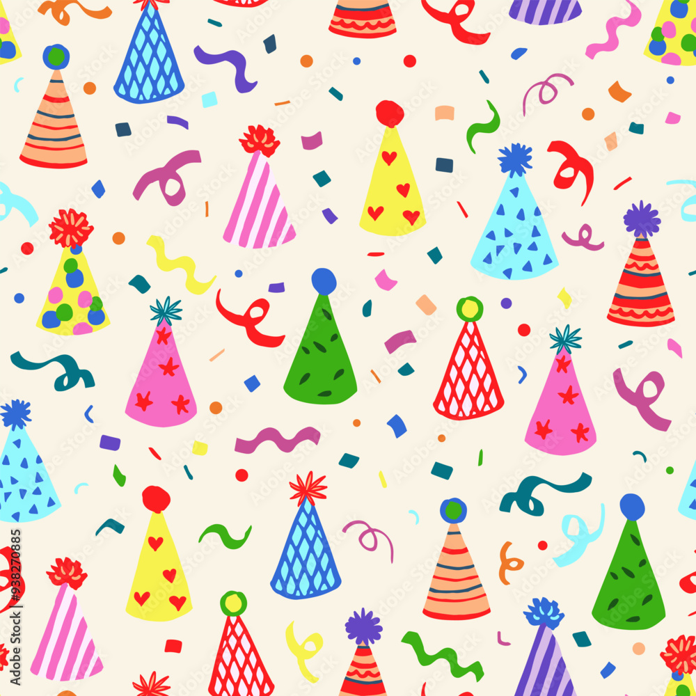 Birthday vector seamless repeat pattern with rainbow party hats and colorful confetti on cream background. Birthday party wrapping paper, cards, gift bags, kids packaging projects, wallpaper Birthday vector seamless repeat pattern with rainbow party hats and colorful confetti on cream background. Birthday party wrapping paper, cards, gift bags, kids packaging projects, wallpaper