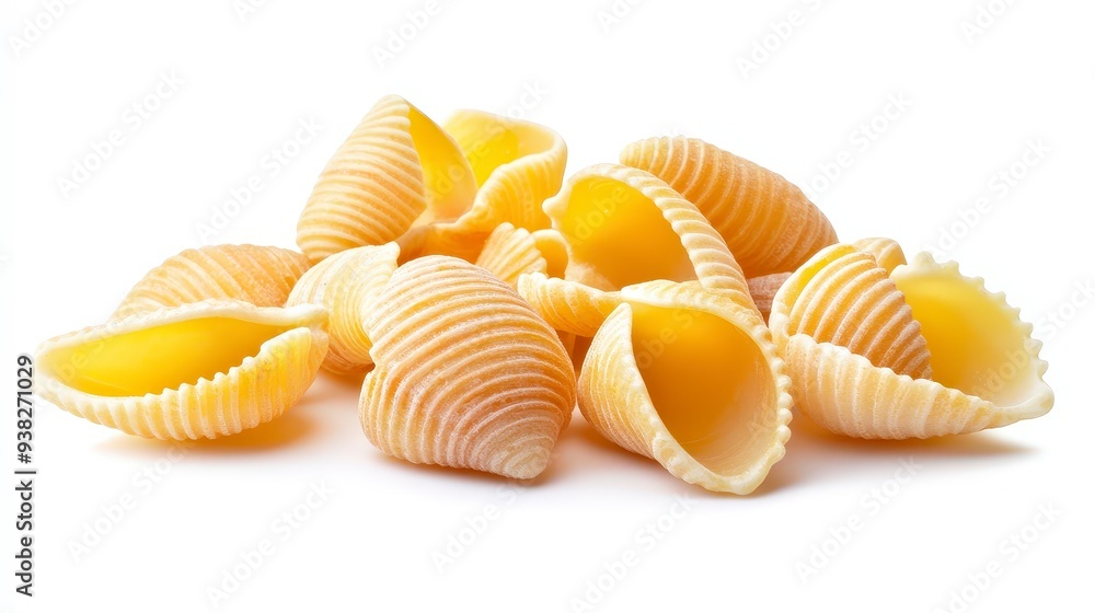 A close-up of raw pasta shells on a white background. A close-up of raw pasta shells on a white background.