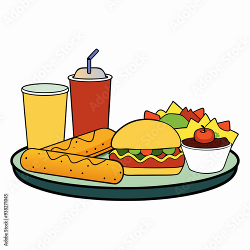 Fast Food Platter Hot Dogs, Nachos, and Soda on White Background