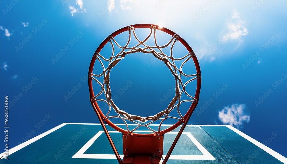 A basketball net is seen from above, with the blue sky in the background A basketball net is seen from above, with the blue sky in the background