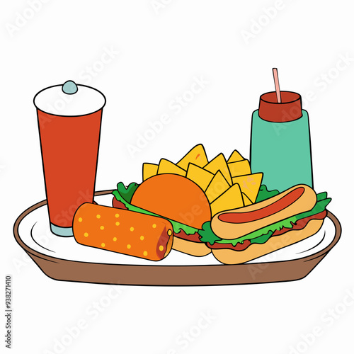 Fast Food Platter Hot Dogs, Nachos, and Soda on White Background