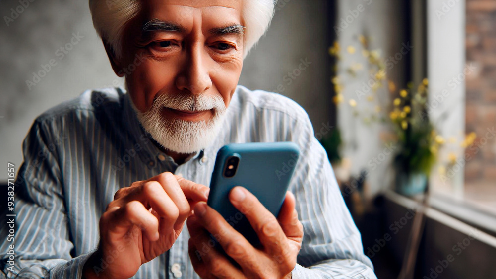 Curious elderly man using smartphone. Close-up. Concept modern technologies and elderly people concept Curious elderly man using smartphone. Close-up. Concept modern technologies and elderly people concept