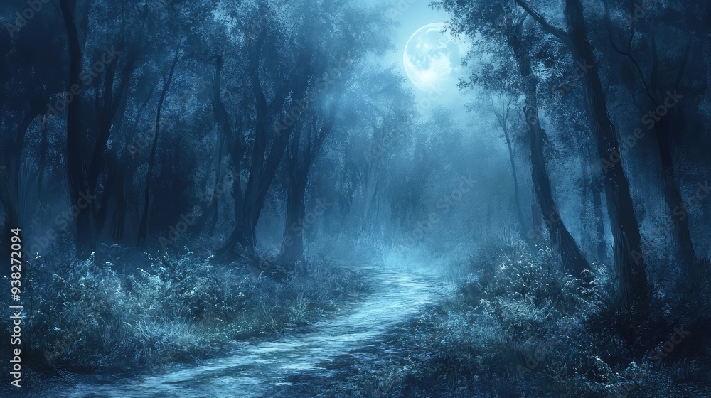Naklejka premium A mysterious, moonlit path through an ancient, fog-covered forest, evoking a sense of magic and wonder.