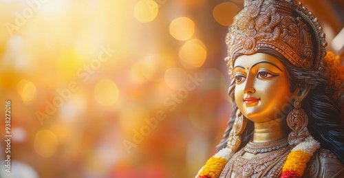 an indian goddess statue with blur background Goddess Durga, adorned with gold jewelry, fierce eyes, photo