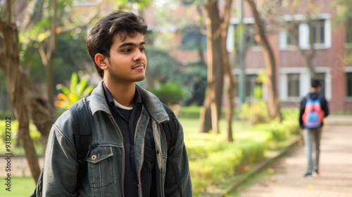 An Indian college student walking through campus