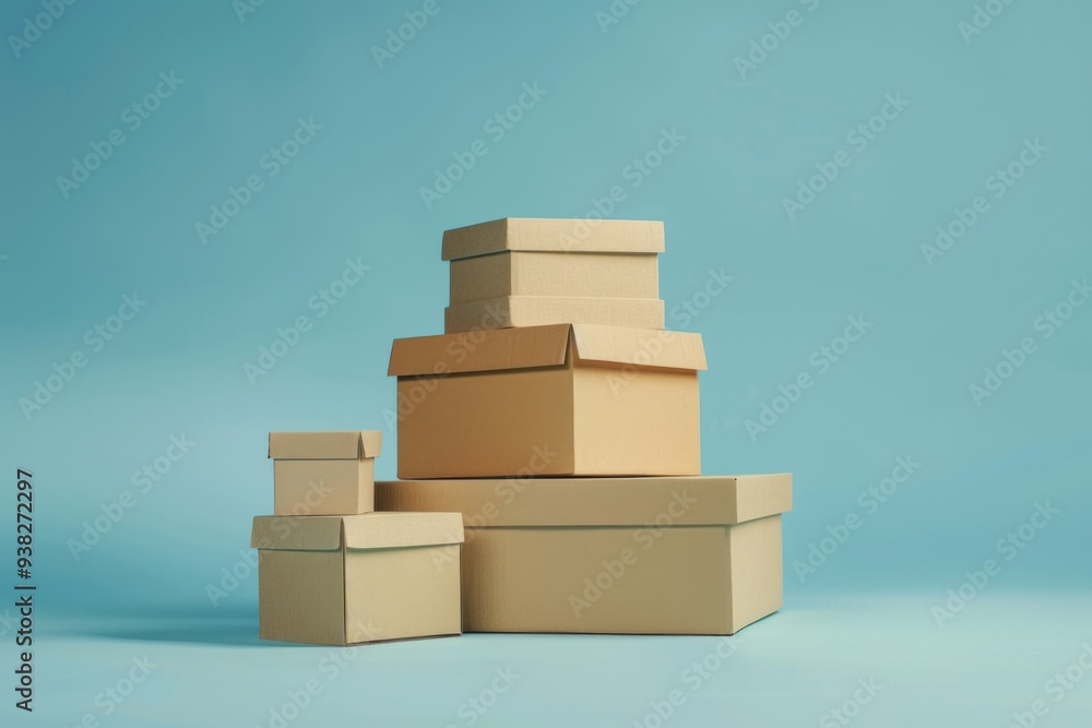 Fototapeta premium Stacked Cardboard Boxes on Blue Background – Packaging, Storage, and Organization Concept