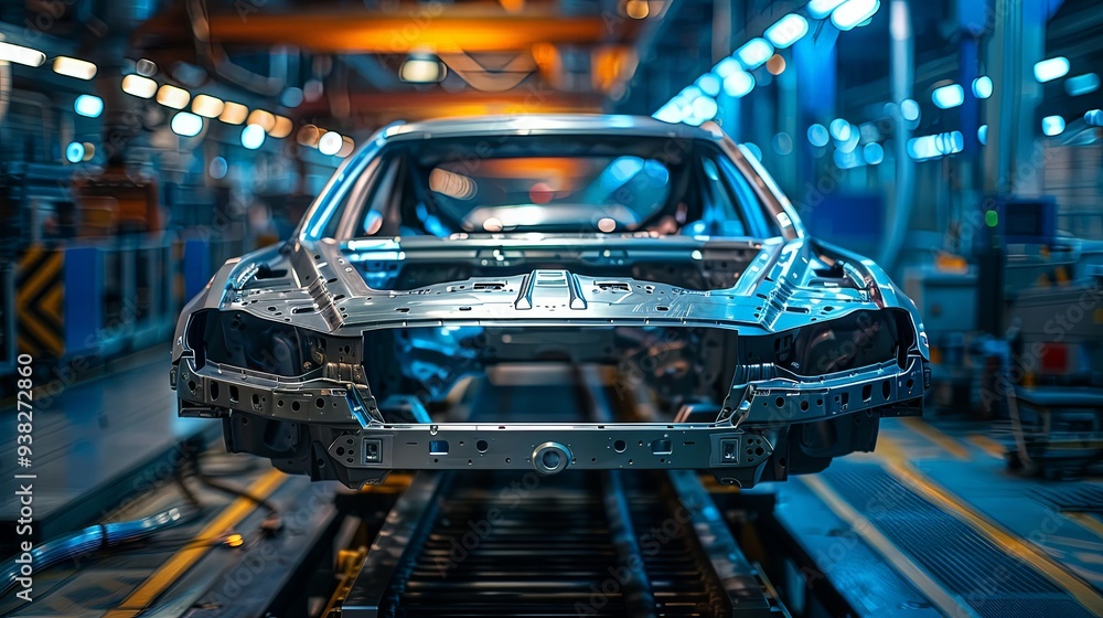 Close-up view of a car frame on an automated assembly line in a high-tech automotive production facility, showcasing the precision of the modern manufacturing process. Close-up view of a car frame on an automated assembly line in a high-tech automotive production facility, showcasing the precision of the modern manufacturing process.
