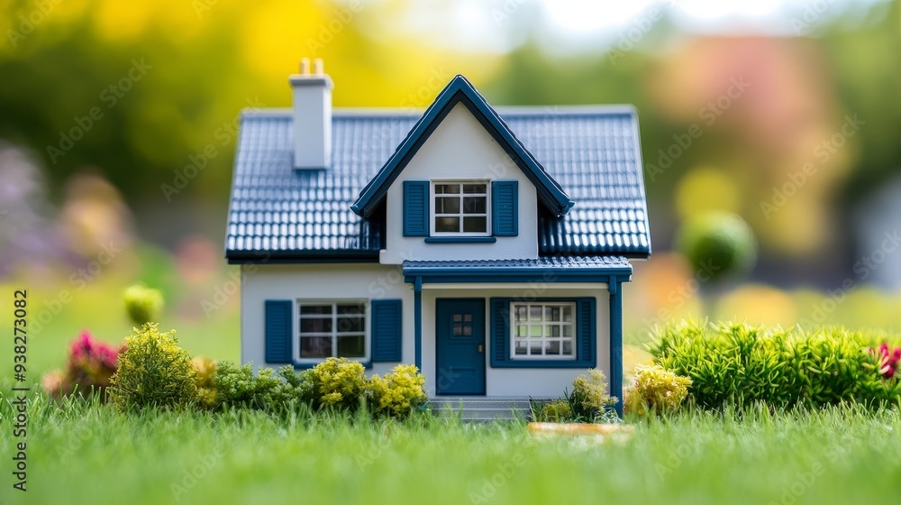 A miniature white house with a blue roof, surrounded by green grass and bushes. A miniature white house with a blue roof, surrounded by green grass and bushes.