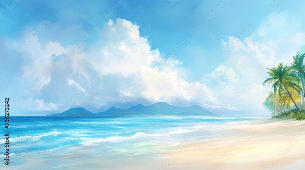 Fototapeta premium A painting of a beach with a palm tree in the foreground