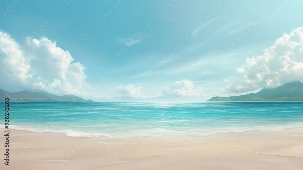 Obraz premium A beautiful beach scene with a clear blue ocean and a few clouds in the sky