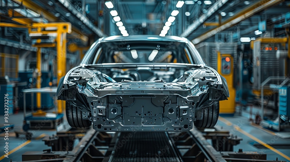 A car frame undergoing robotic assembly in a state-of-the-art automotive factory, showcasing the blend of precision engineering and advanced manufacturing technology. A car frame undergoing robotic assembly in a state-of-the-art automotive factory, showcasing the blend of precision engineering and advanced manufacturing technology.